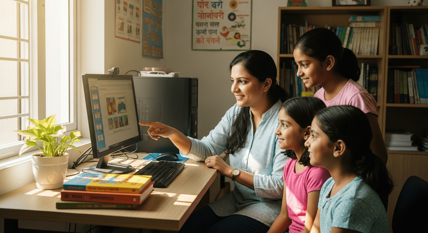 Homemaker teaching children at a computer in a teach to earn from home learning POD