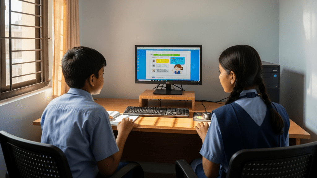 Children learning at a home POD computer, teaching income after retirement