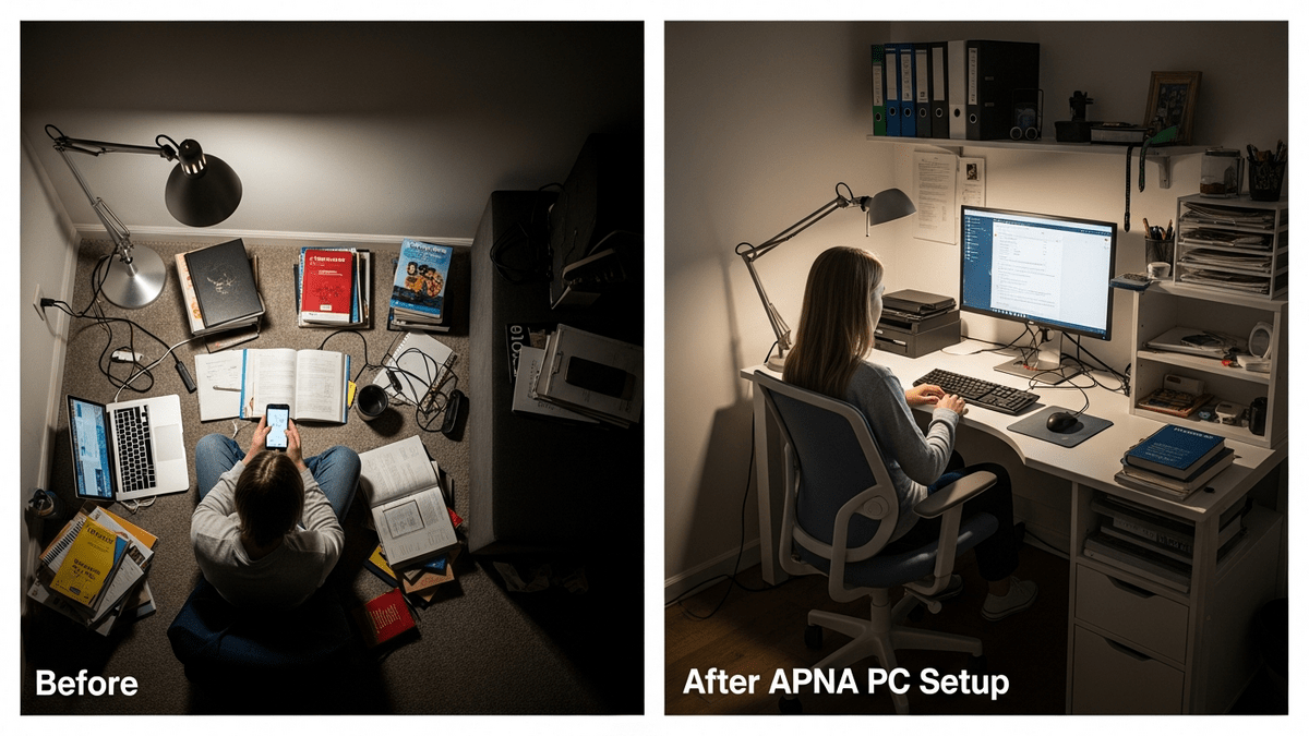 Before and after homework station APNA PC setup showing ergonomic student study setup