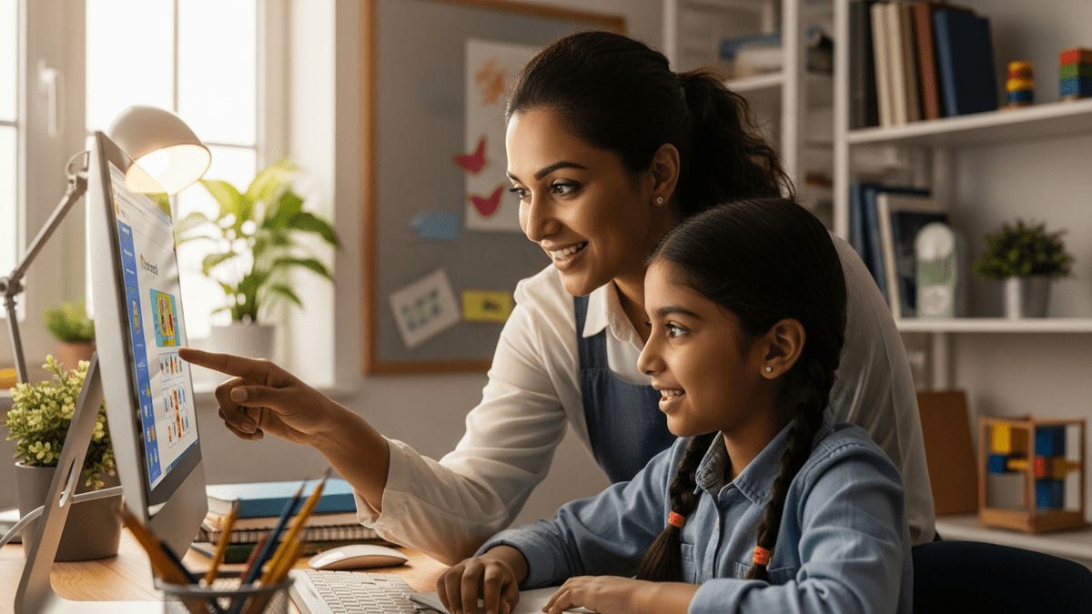 Indian teacher helping student at computer in home learning centre India