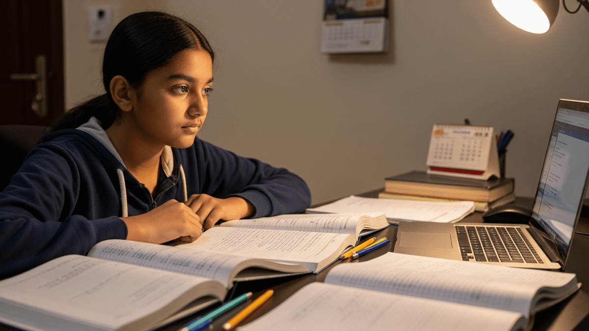 Indian student studying at exam preparation computer
