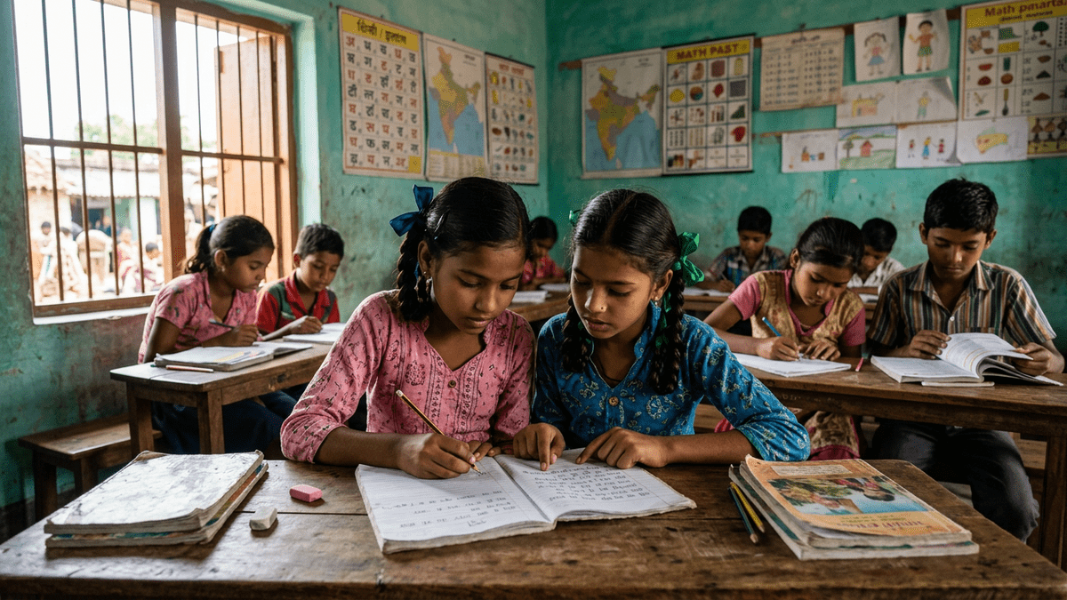 Indian children studying together at a learning POD for kids community space