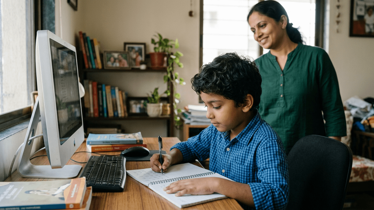 Indian child studying on computer while parent observes track child learning progress at home