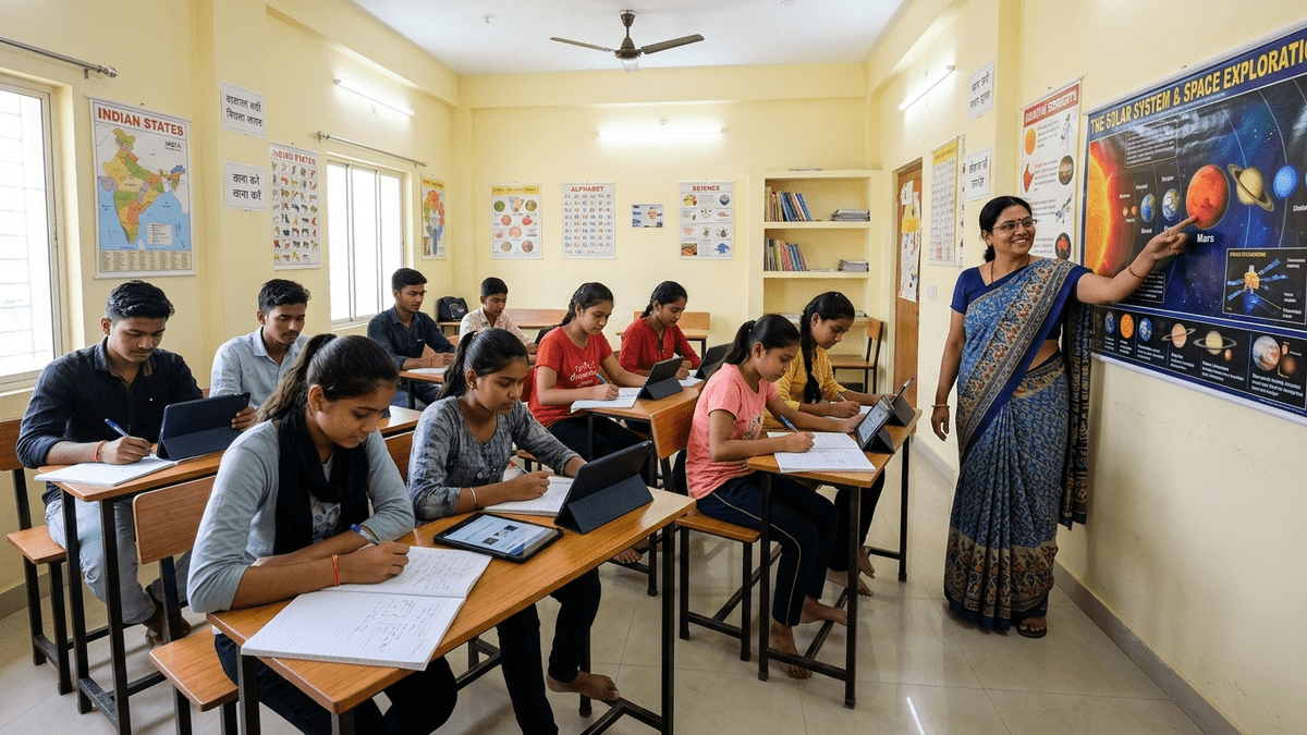 Indian community learning centre with students in a learning POD for homemakers