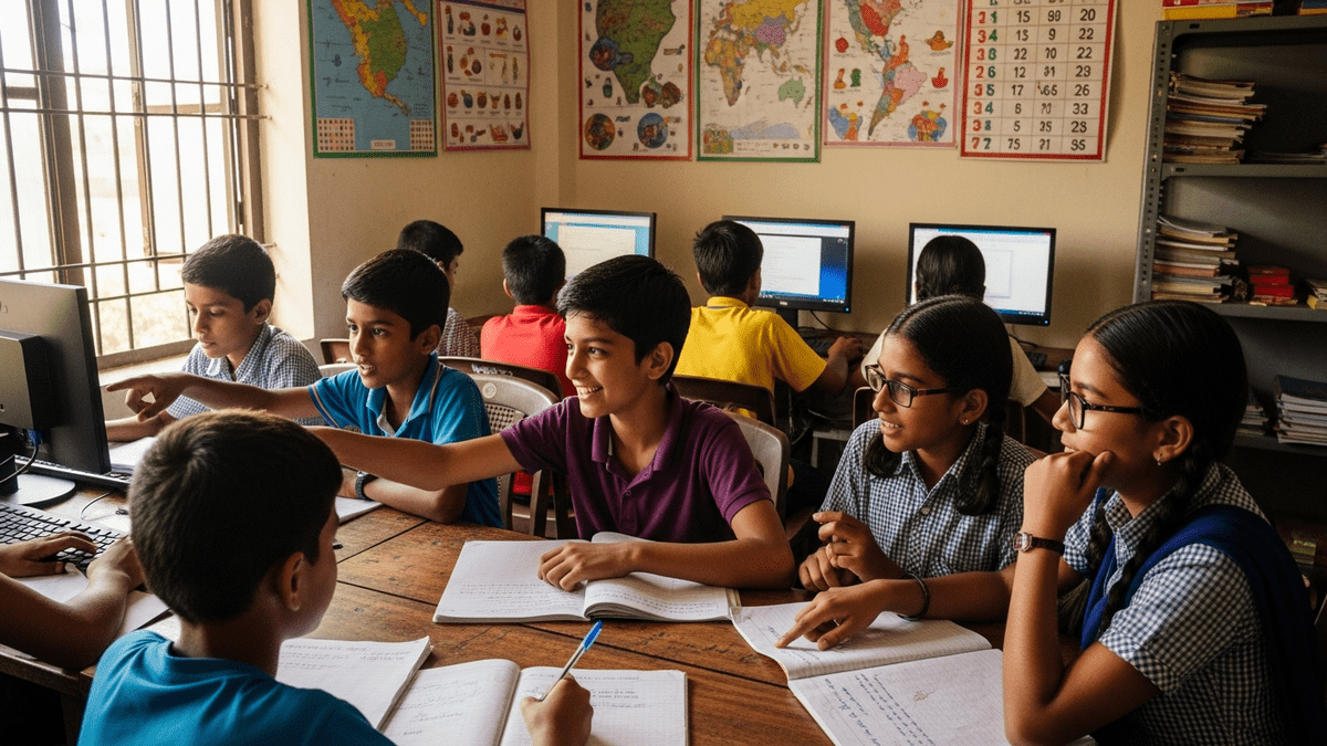Indian children studying together in a home learning centre India community space
