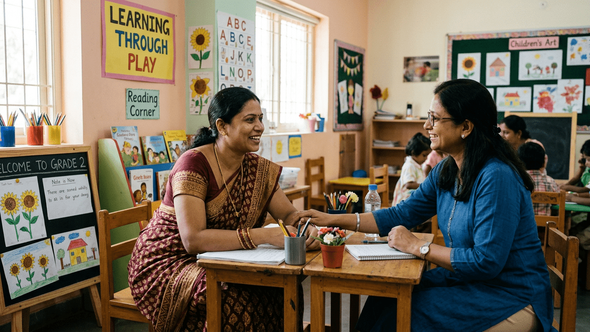 Indian mother talking to educator at a learning POD for kids facility