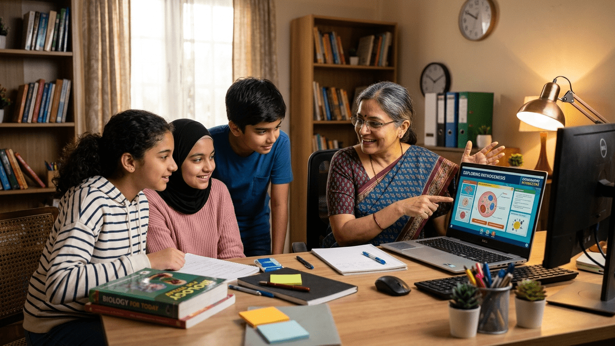 Indian woman educator teaching students using APNA PC in a learning POD for homemakers