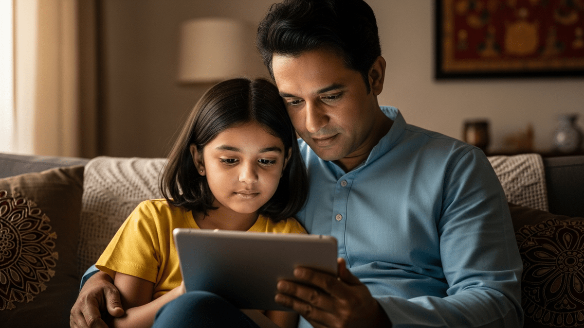 Indian parent and child discussing study progress
