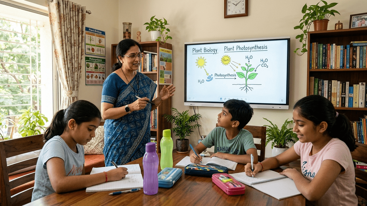 Indian educator teaching students in a learning POD environment