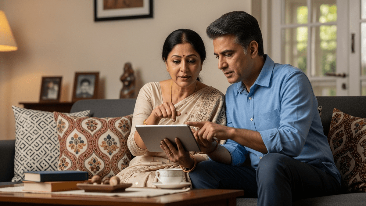 Indian parents discussing learning PODs India education options on tablet