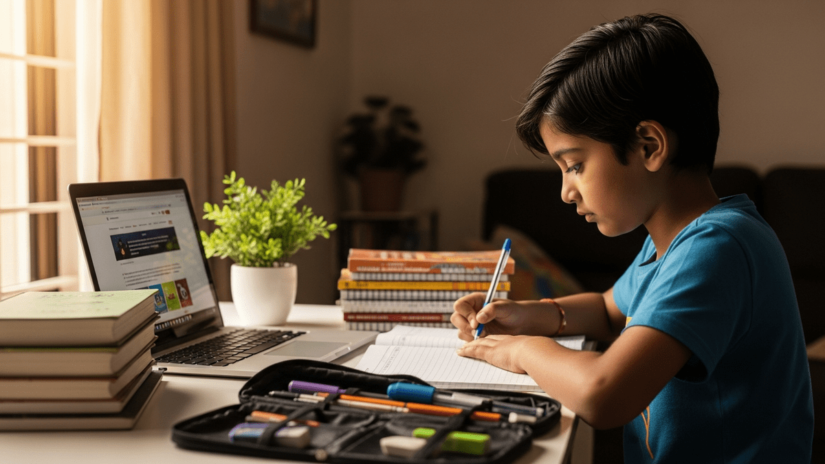 Indian child studying at personal learning space with computer