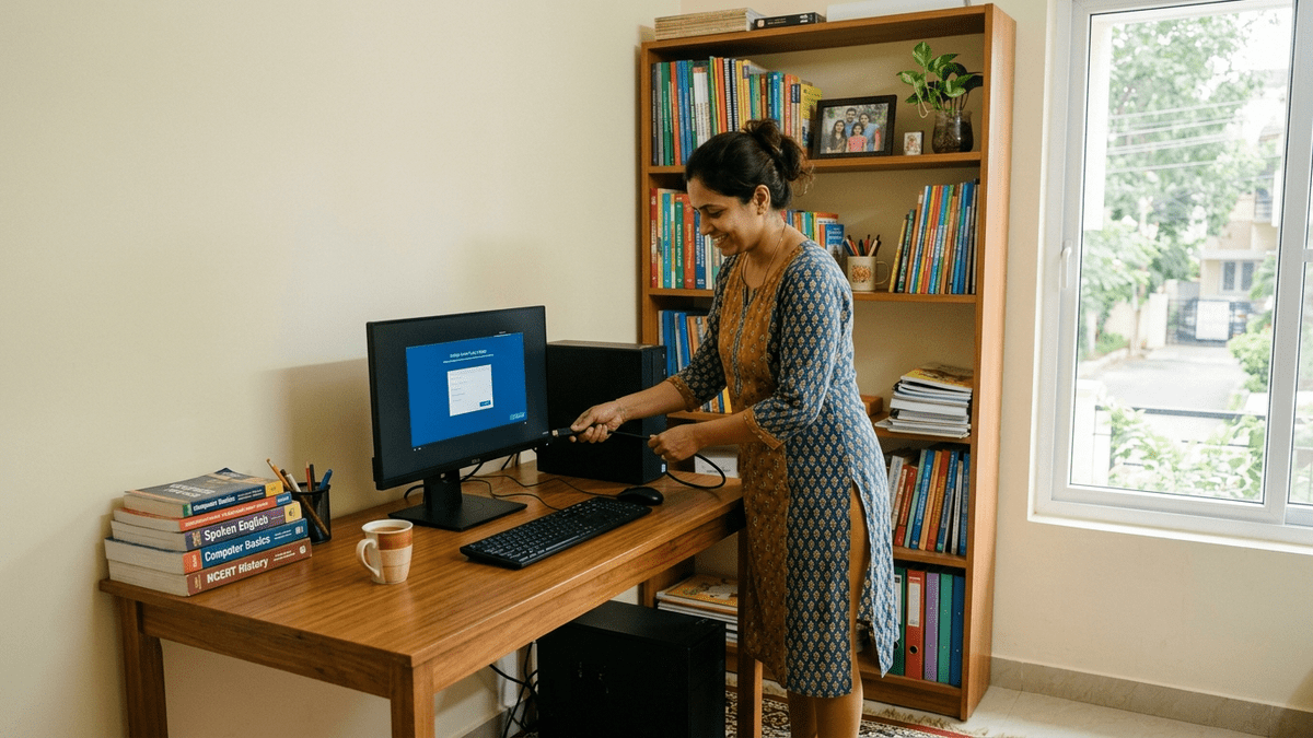 Indian homemaker setting up APNA PC computer for education business