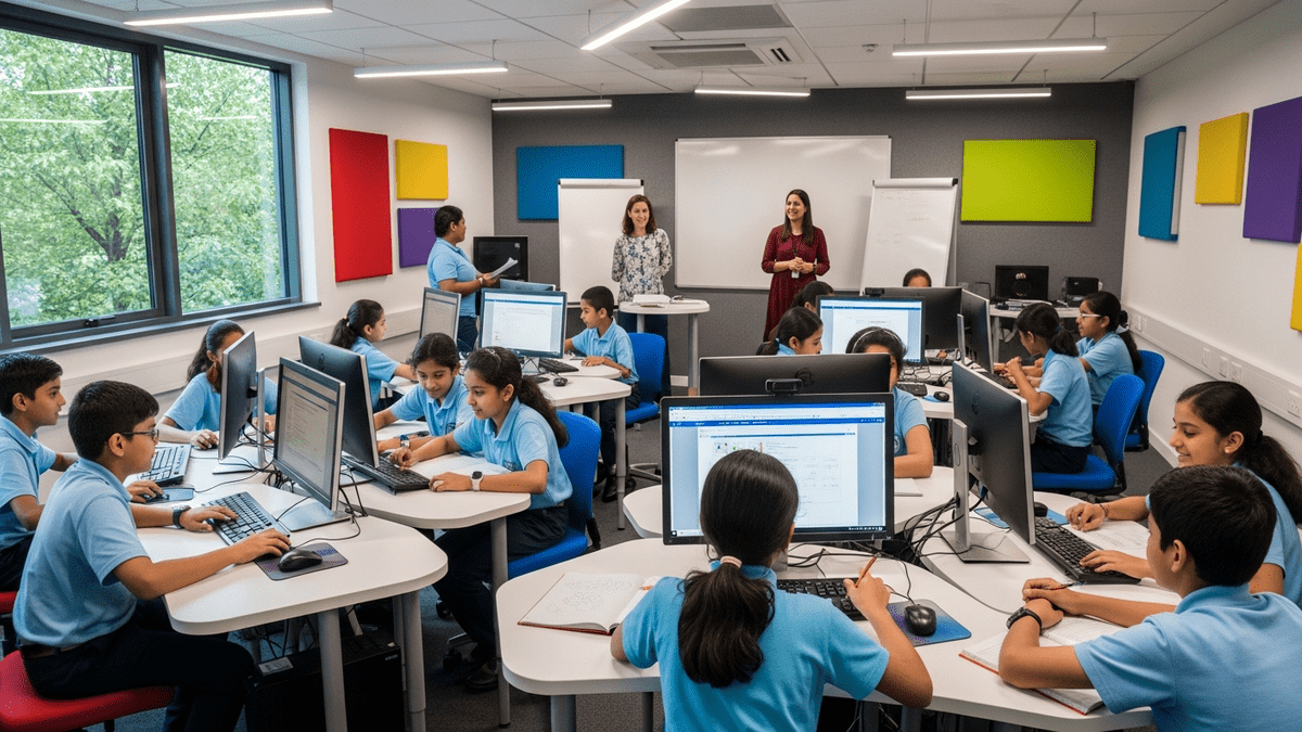 Happy Indian students in modern learning PODs India with computers and collaborative learning