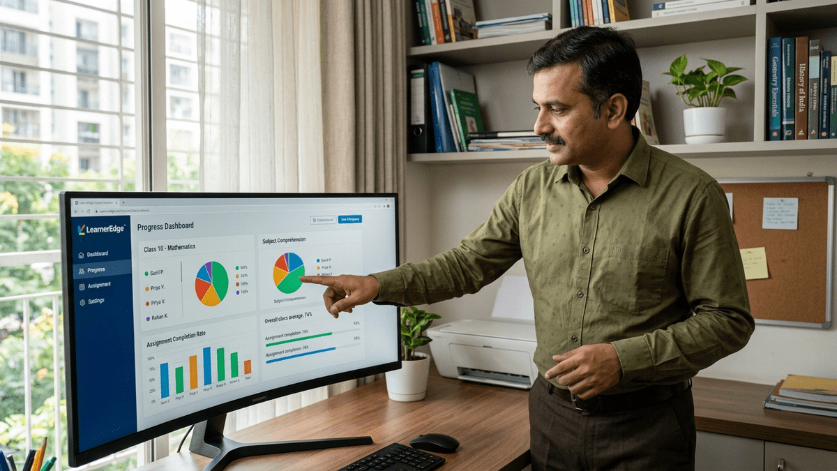 Indian male tuition teacher showing student progress dashboard in a tuition teacher learning POD