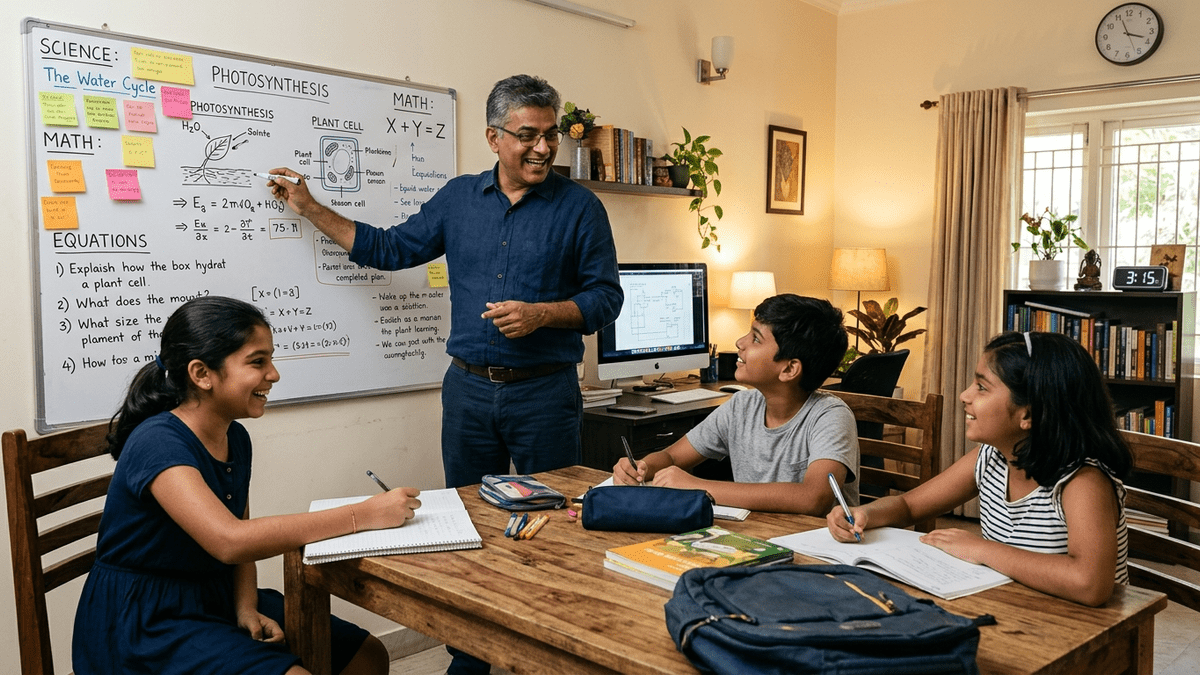 Educator teaching students in a profitable tuition teacher learning POD