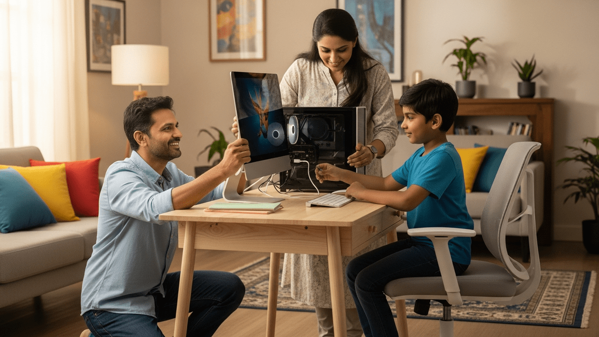 Indian family setting up personal learning space for child