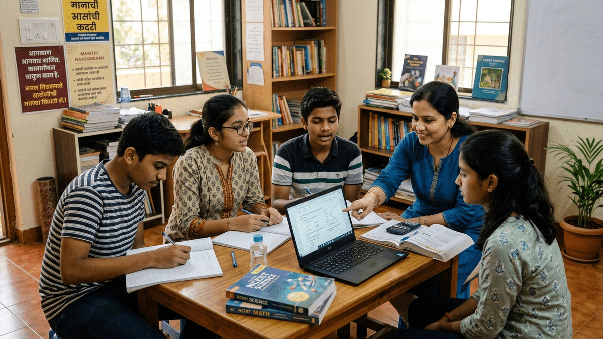 Students studying together in a home learning centre with educator