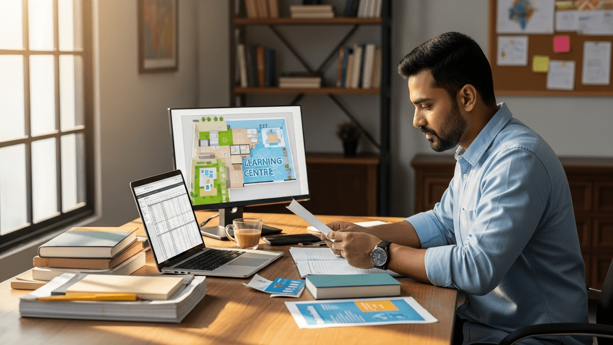Indian educator planning edupreneur India business with laptop and materials