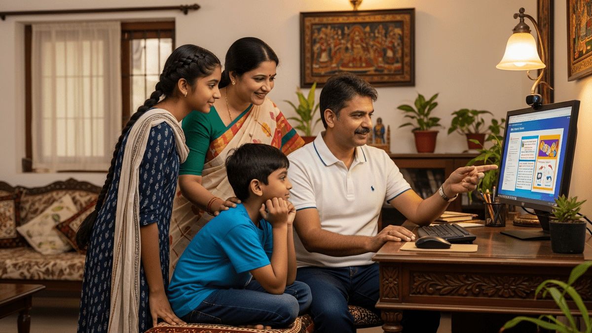 Indian family gathered around a home computer reviewing student portfolio work together