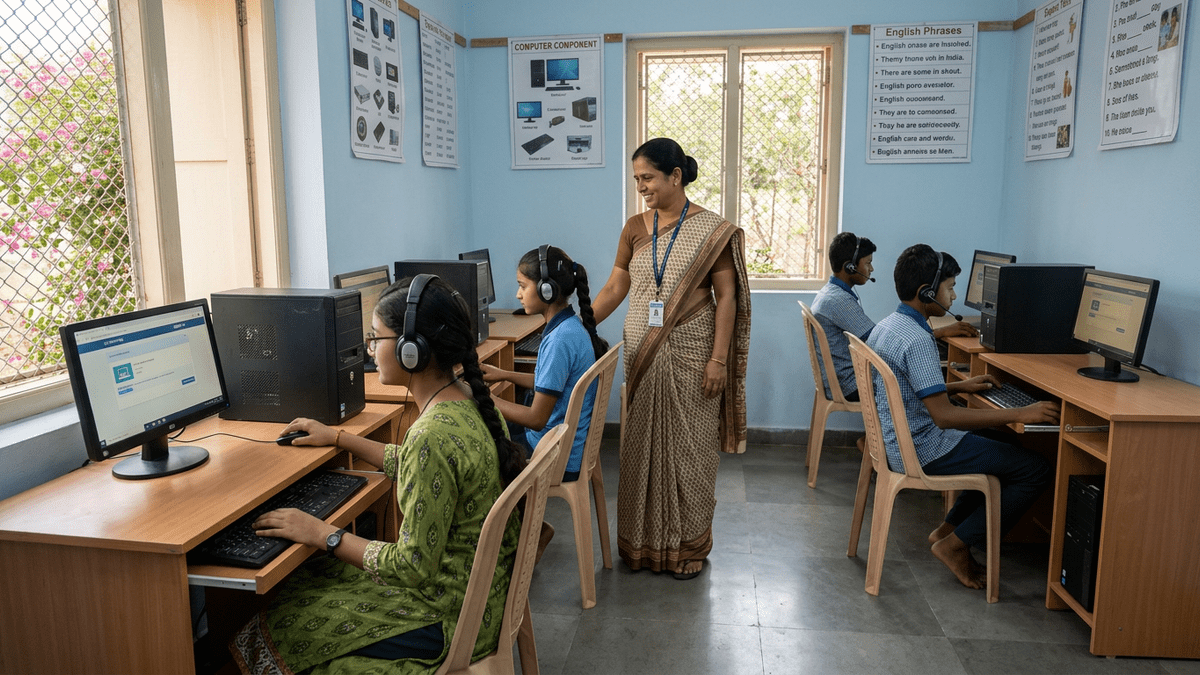 Community learning center with students in a safe learning POD India setup