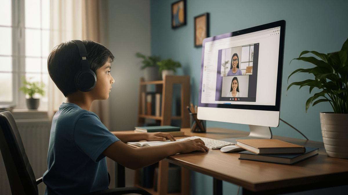 Indian child attending online tuition class on computer with headphones