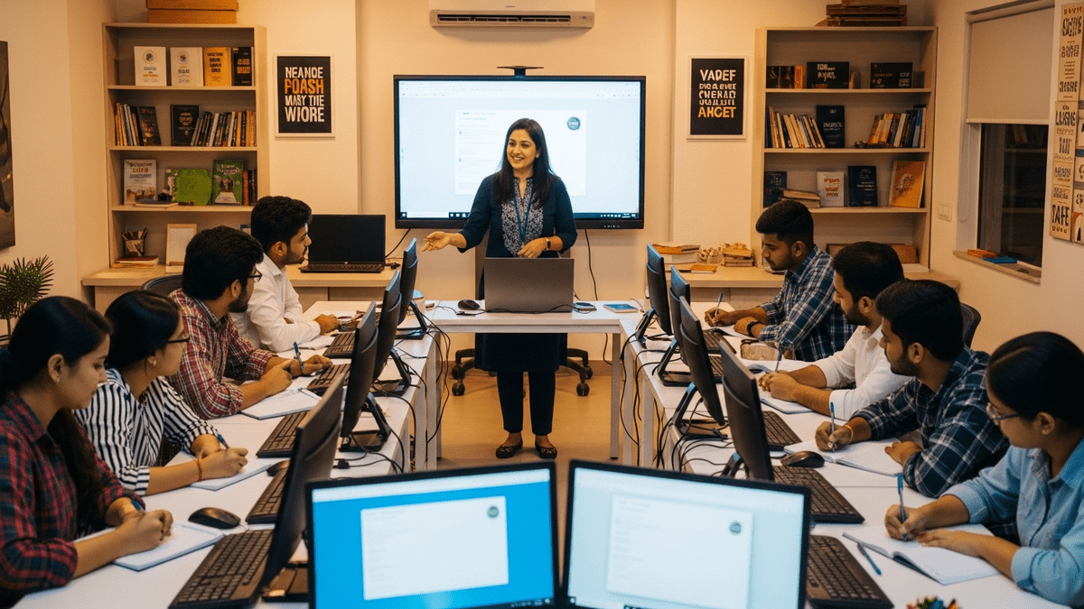 Successful edupreneur India teacher with students in learning centre with computers