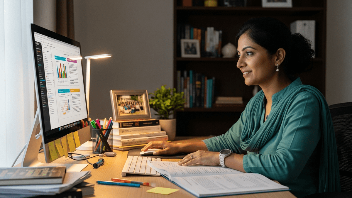 Indian educator reviewing student portfolios at a home computer workstation