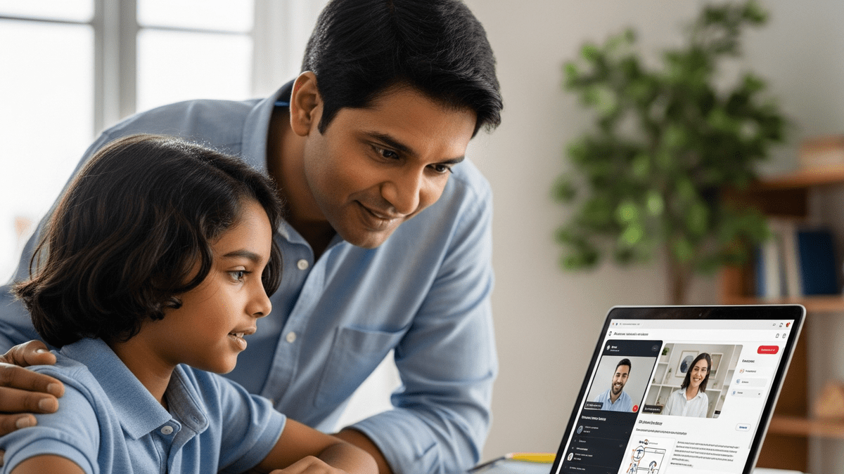 Indian parent checking child online tuition progress on computer