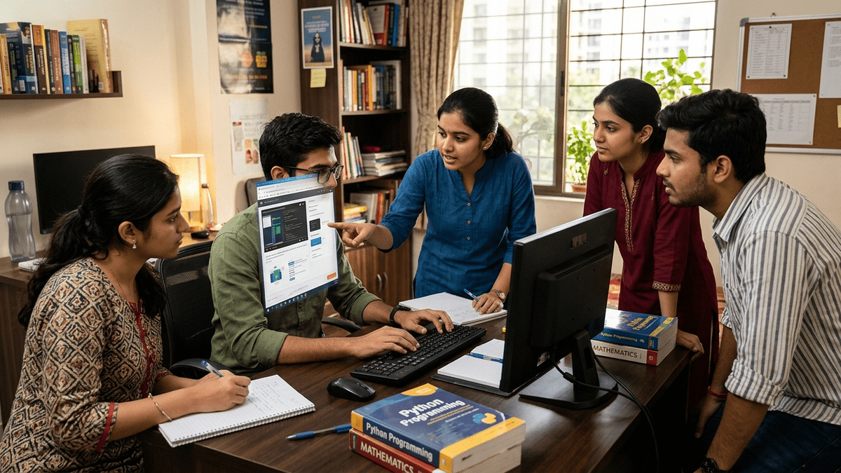 Students studying together at computer in home learning POD