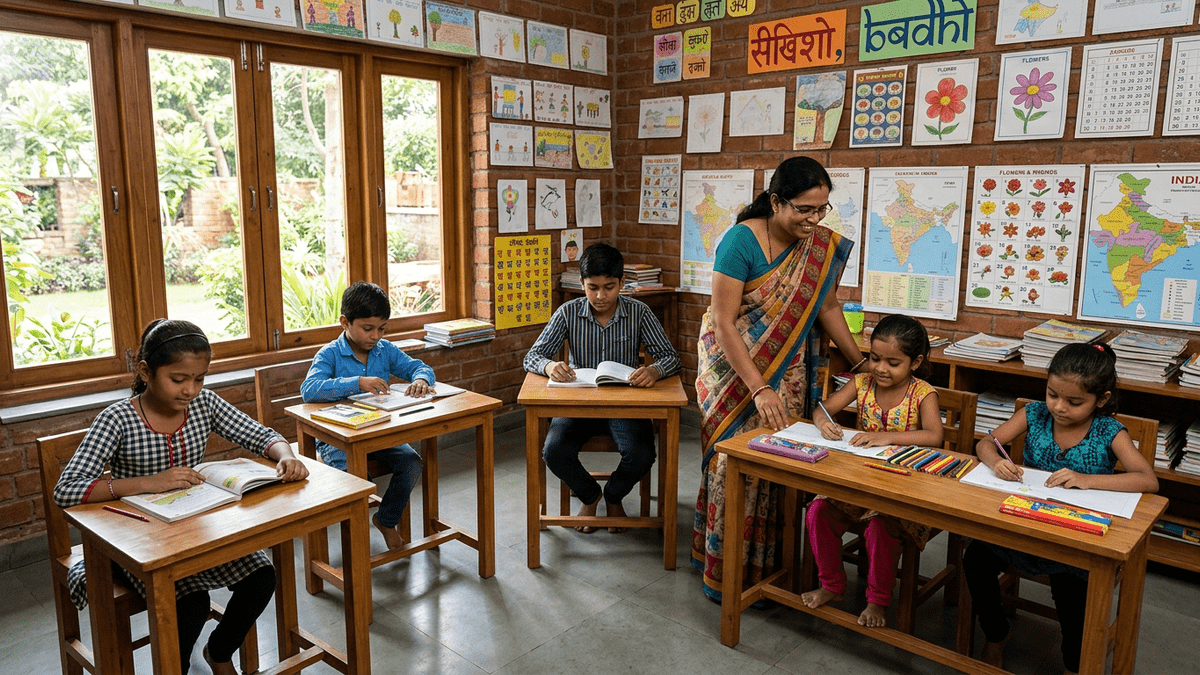 Indian community learning center with students in attract students learning POD setup