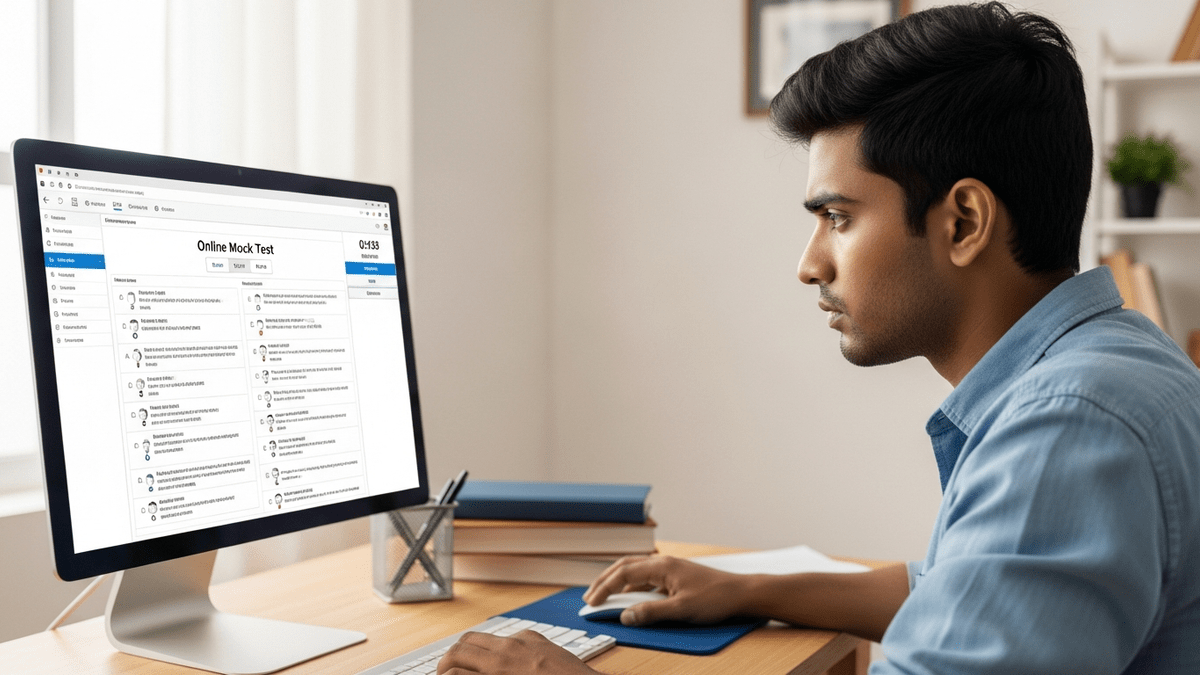 Indian student taking online mock test for exam preparation on computer