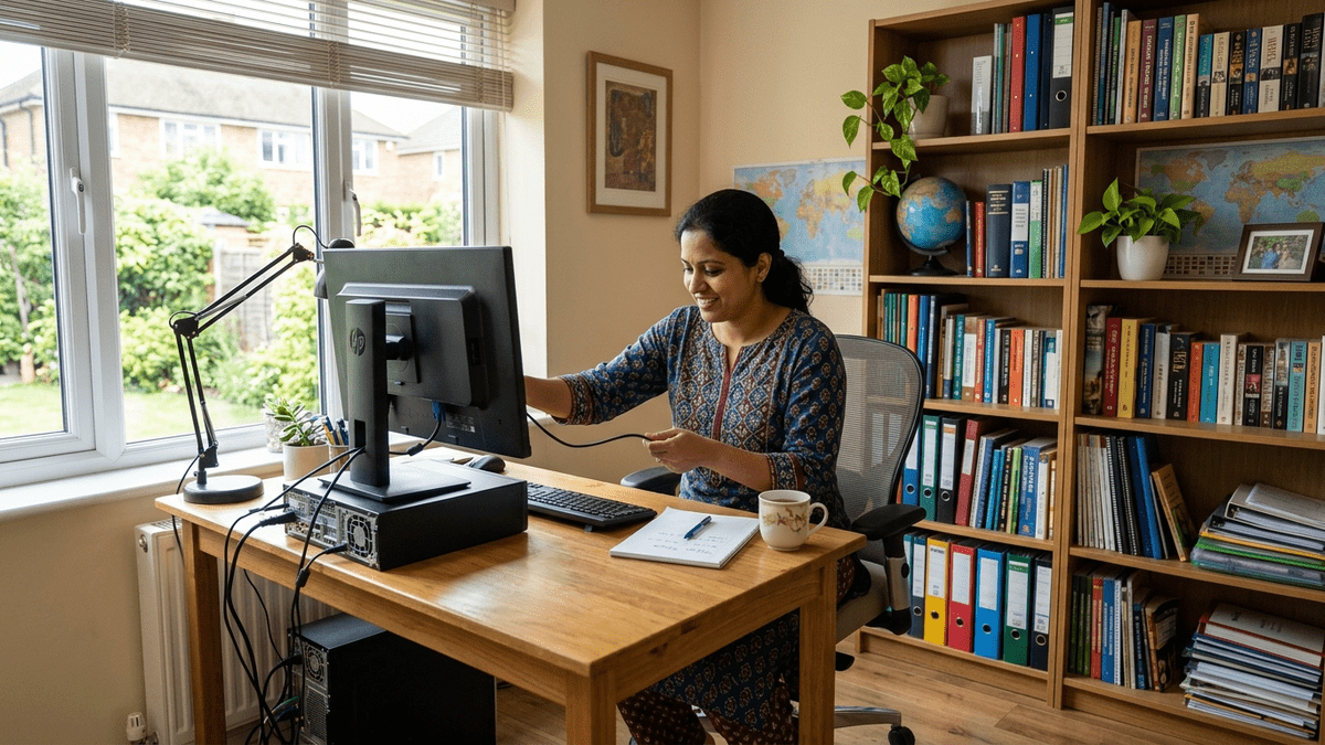 Indian homemaker setting up APNA PC computer for education business