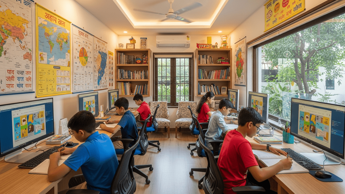 Completed learning POD setup India with students studying at desks with computers
