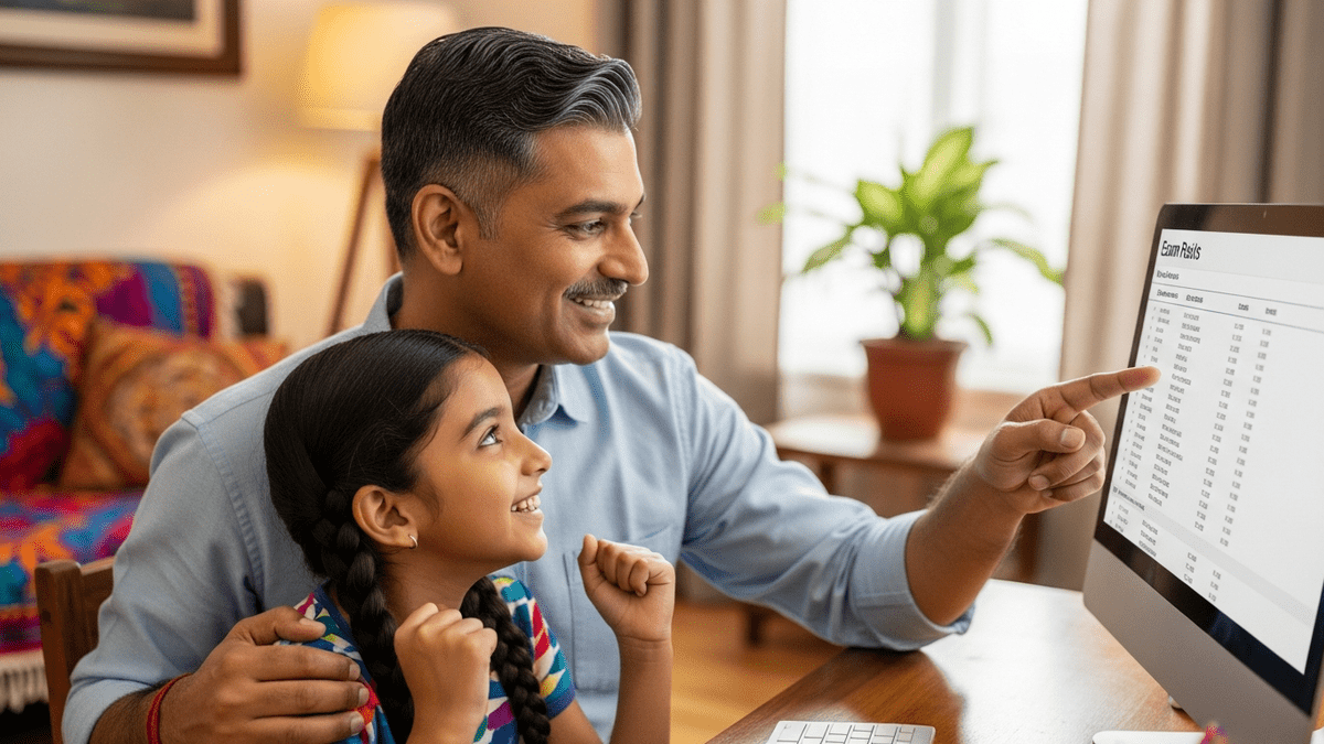Indian parent and child reviewing exam preparation results on computer