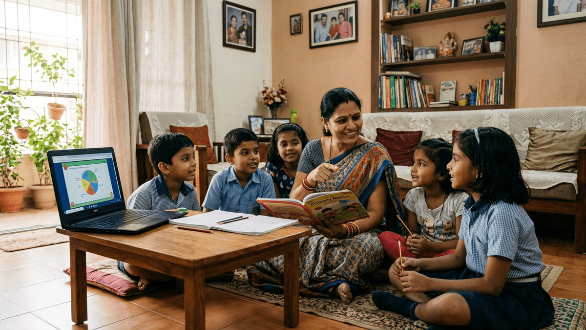 Indian homemaker teaching children in her living room with computer visible