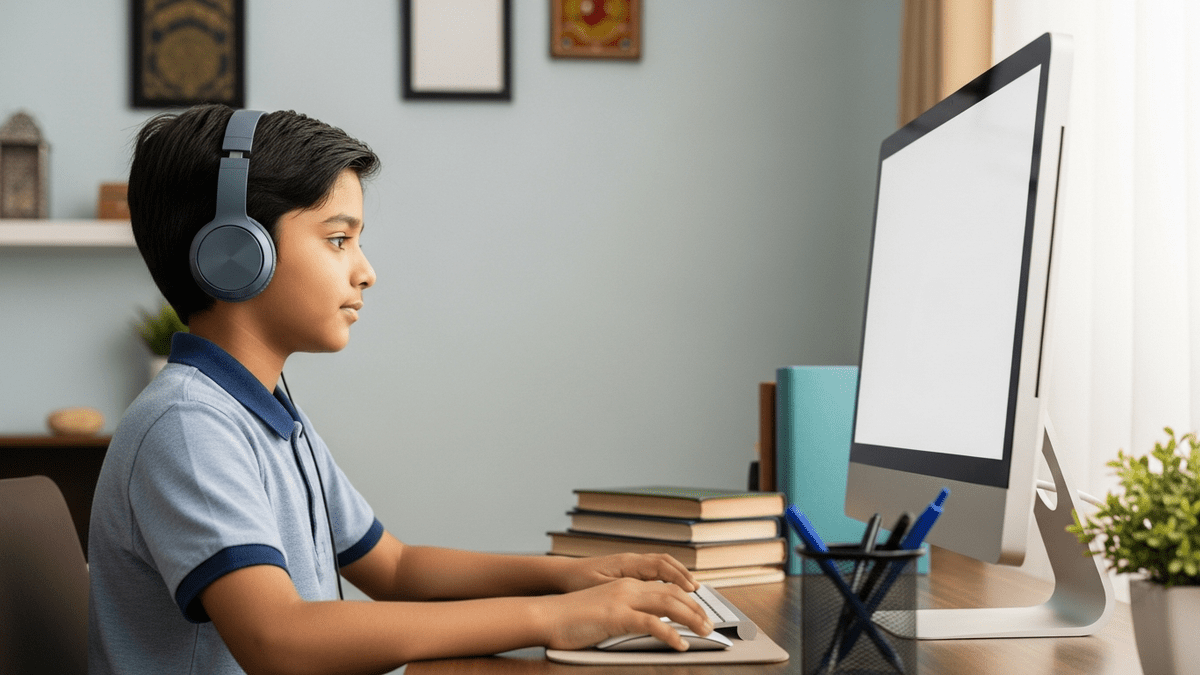 Indian child focused on study computer with headphones for better study habits