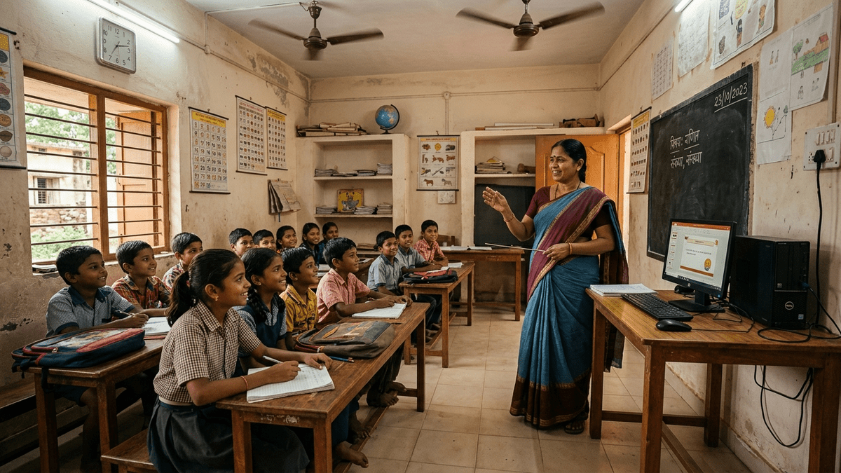 Indian educator teaching students in small town learning centre