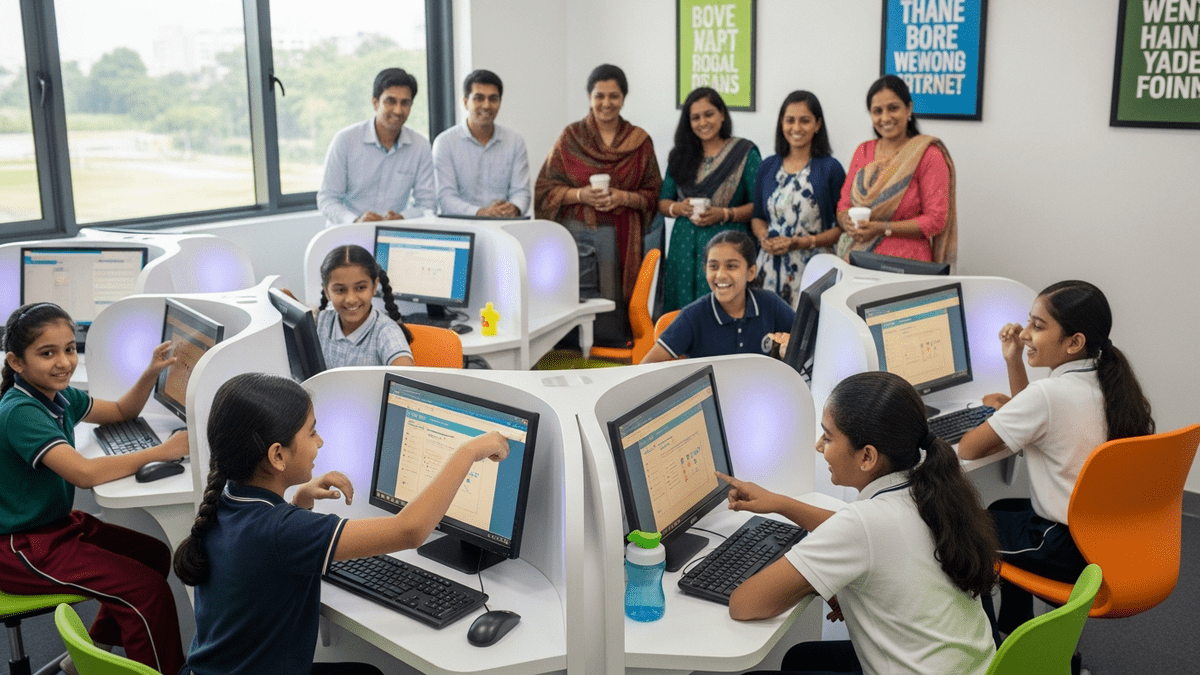 Happy Indian students in home learning POD India classroom with computers