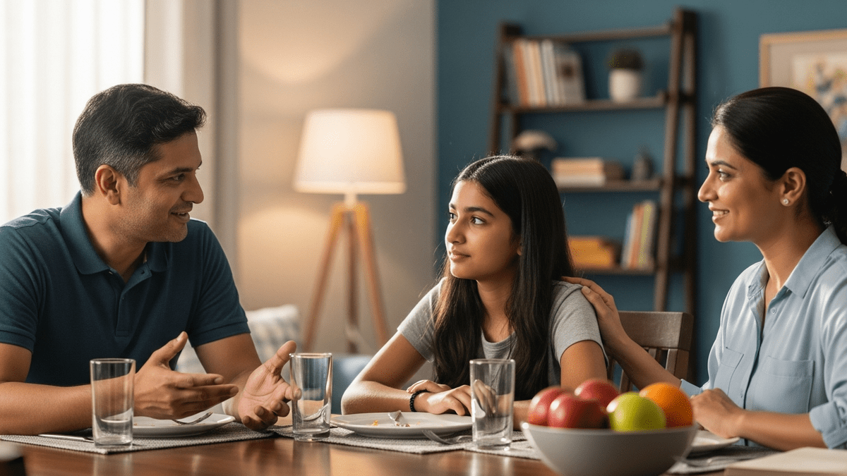 Indian parent talking to child about study goals and habits