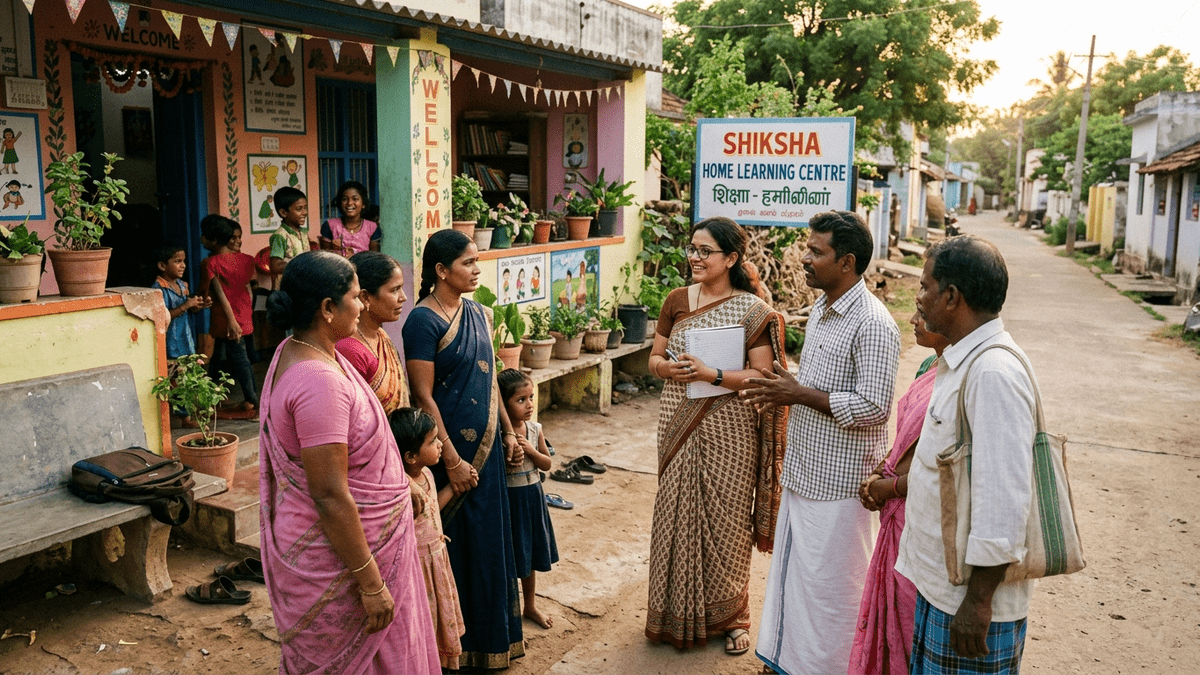 Indian parents gathered outside a home learning centre