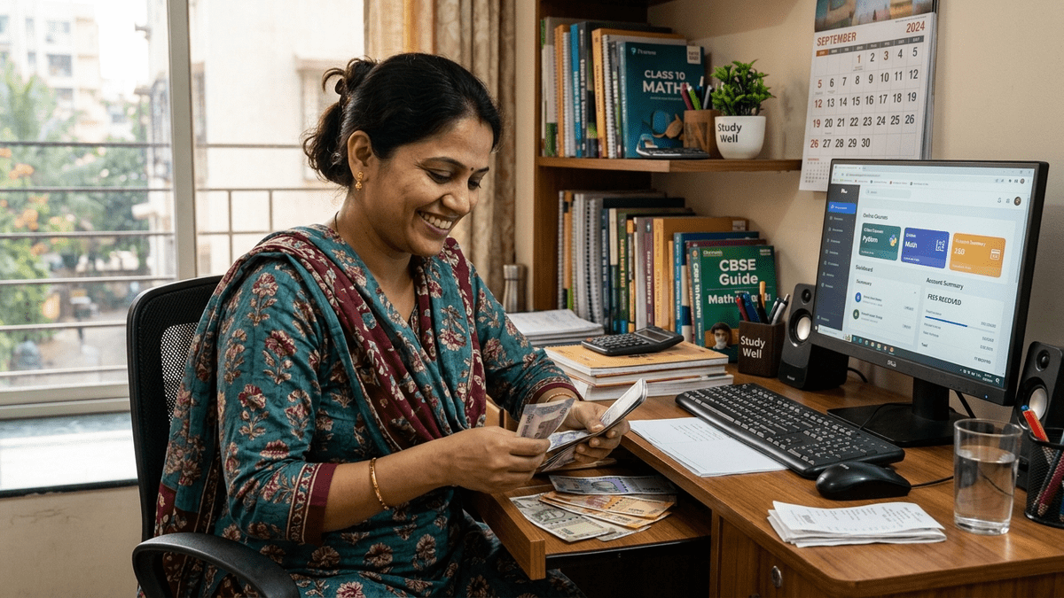 Indian edupreneur counting earnings at desk with computer
