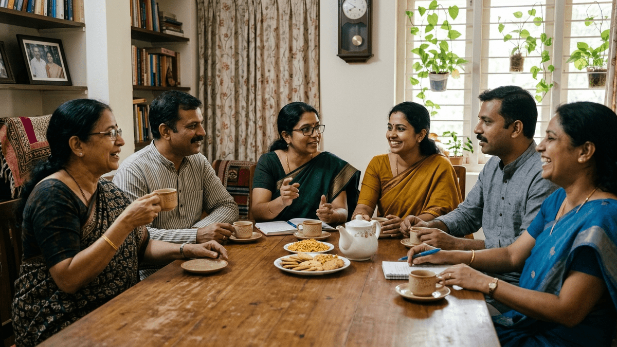 Indian educators sharing experiences at a meeting