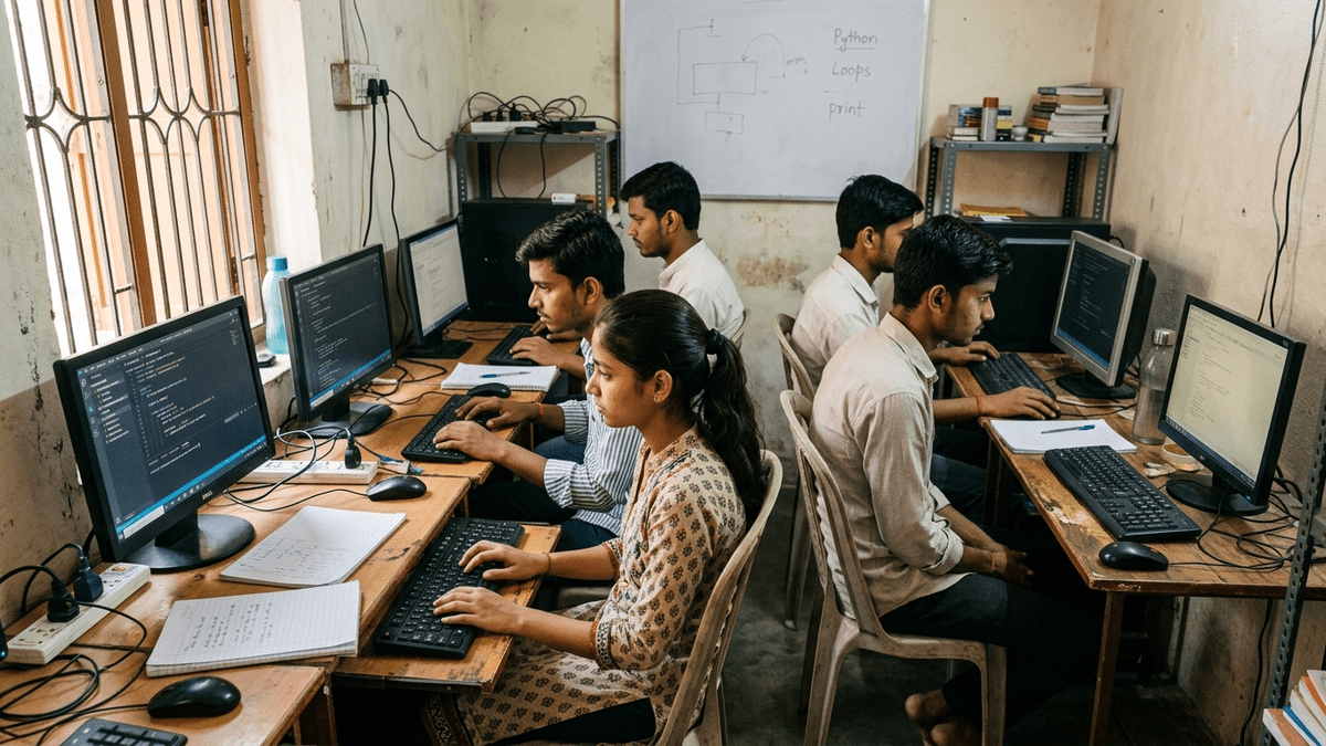 Indian students learning coding on computers