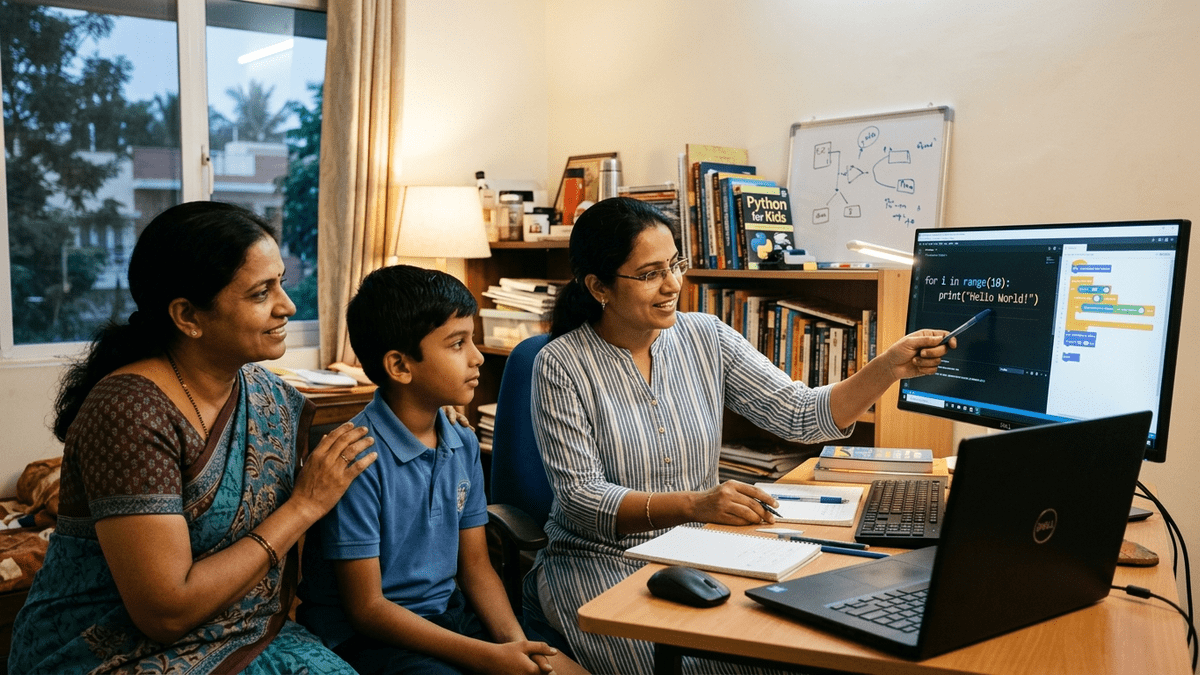 Indian educator demonstrating coding to parent and student