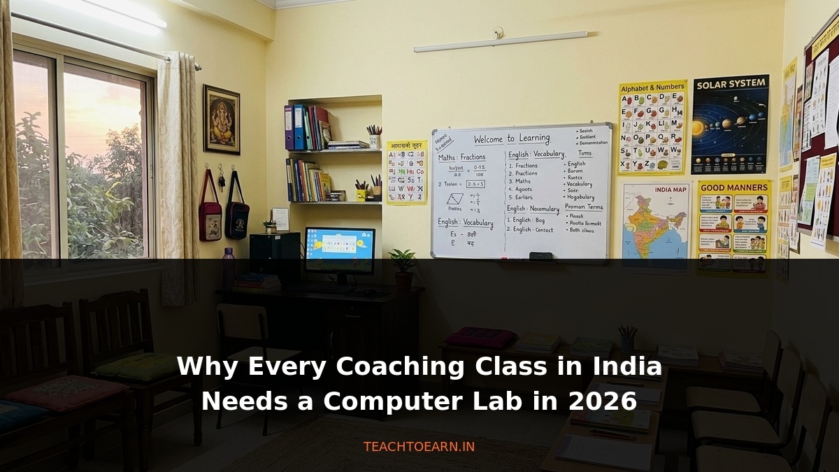 Coaching class computer lab setup with students learning at computers
