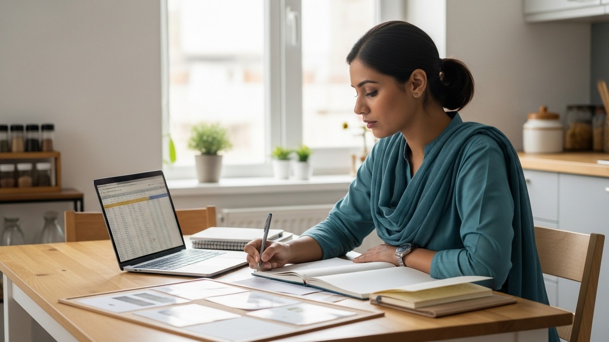 Indian homemaker planning her edupreneur India journey at kitchen table
