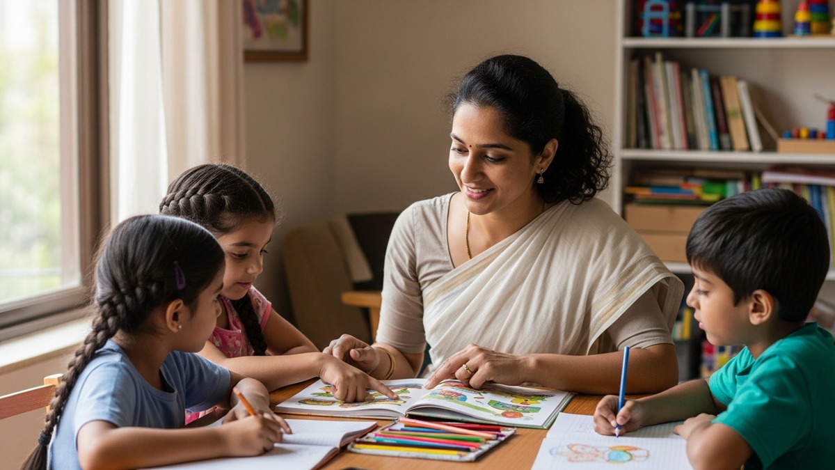 Indian woman teaching children as an edupreneur India in home classroom