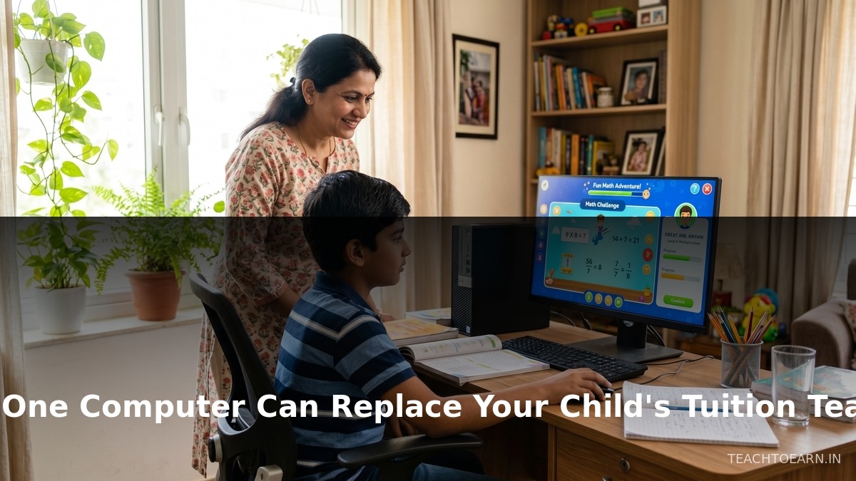Indian child studying at computer with educational software, parent watching approvingly - replace tuition with computer