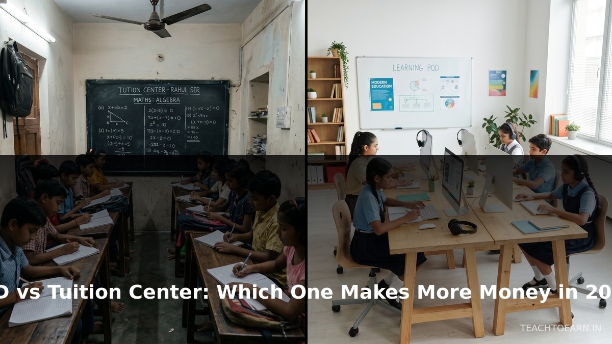 POD vs Tuition Center comparison showing modern learning setup versus traditional classroom - POD vs tuition center