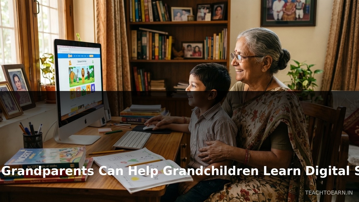 Indian grandmother with grandchild at computer - grandparents digital learning